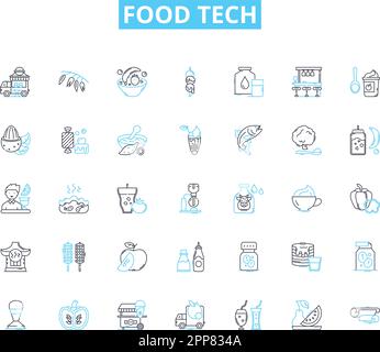 Food tech linear icons set. Automation, Biodegradable, Biosensors, Blockchain, Co-packaging, Cultured, Delivery line vector and concept signs Stock Vector