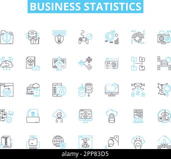 Business statistics linear icons set. Analysis, Forecasting, Data, Probability, Trends, Variability, Correlation line vector and concept signs Stock Vector