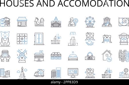 Houses and accomodation line icons collection. Residences, Dwellings, Homes, Apartments, Condos, Cottages, Bungalows vector and linear illustration Stock Vector