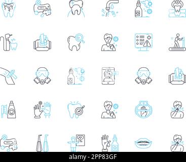 Dental hygiene linear icons set. Teeth, Gums, Plaque, Flossing, Brushing, Tartar, Cavity line vector and concept signs. Fluoride,Mouthwash,Halitosis Stock Vector