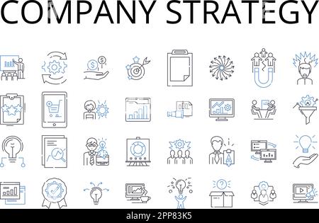 Company strategy line icons collection. Marketing plan, Business model, Sales approach, Product design, Brand identity, Market research, Competitive Stock Vector