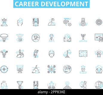 Career development linear icons set. Progression, Advancement, Learning, Growth, Satisfaction, Skills, Aspiration line vector and concept signs Stock Vector