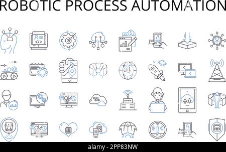 Robotic process automation line icons collection. Artificial intelligence, Business process, Cloud computing, Data analytics, Decision making, Digital Stock Vector