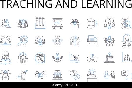 Traching and learning line icons collection. Creating teaching, Exploring learning, Sharing knowledge, Developing skills, Educating students Stock Vector