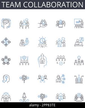 Team collaboration line icons collection. Cabinets, Countertops, Backsplash, Sink, Faucet, Lighting, Appliances vector and linear illustration Stock Vector