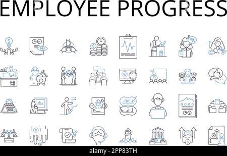 Employee progress line icons collection. Worker development, Staff advancement, Personnel growth, Workforce promotion, Job progress, Career evolution Stock Vector