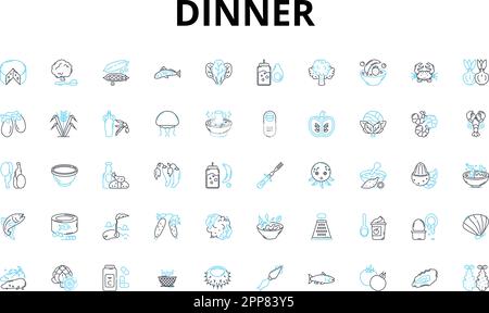 Dinner linear icons set. Feast, Plate, Meal, Dine, Cuisine, Supper, Eat ...