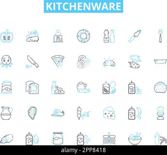 Kitchenware linear icons set. Cutlery, Cookware, Bakeware, Utensils, Dishware, Appliances, Gadgets line vector and concept signs. Containers,Strainers Stock Vector