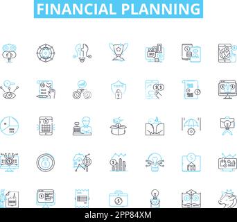 financial planning linear icons set. Budgeting, Investing, Retirement, Savings, Goals, Insurance, Debt line vector and concept signs. Asset,Income Stock Vector