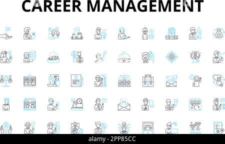 career management linear icons set. Planning, Development, Advancement, Nerking, Promotion, Mentoring, Leadership vector symbols and line concept Stock Vector