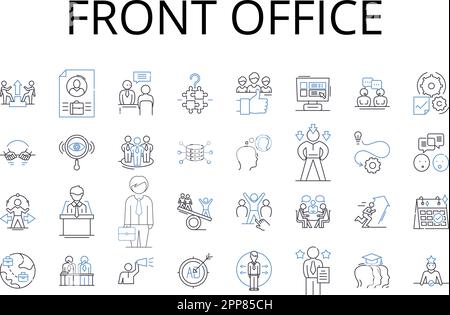 Front office line icons collection. Backstage area, Customer service, Reception desk, Administrative support, Executive suite, Service center, Guest Stock Vector