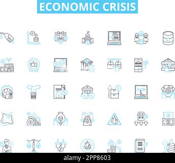 Economic crisis linear icons set. Recession, Depression, Inflation, Deflation, Bankruptcy, Default, Unemployment line vector and concept signs Stock Vector