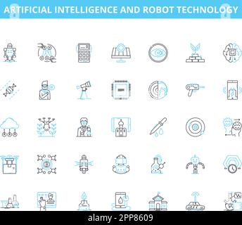 Artificial intelligence and robot technology linear icons set. Robotics, Automation, Machine learning, Neural nerks, Expert systems, Chatbots Stock Vector