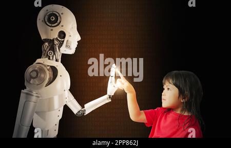 A robot and a girl's hands touch and connect on binary code background. Smart AI, Machine learning, and Chatbot. Artificial Intelligence for science, Stock Photo