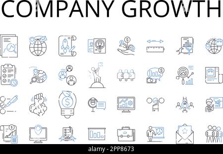 Company growth line icons collection. Business expansion, Corporate development, Organization advancement, Company progress, Enterprise evolution Stock Vector