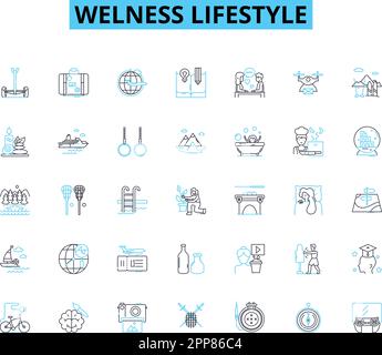 Welness lifestyle linear icons set. Mindfulness, Fitness, Nutrition, Meditation, Self-care, Yoga, Healthy line vector and concept signs. Relaxation Stock Vector