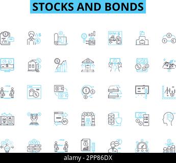 Stocks and bonds linear icons set. Asset, Dividend, Portfolio, Securities, Yield, Trading, Investment line vector and concept signs. Equity,Buy,Sell Stock Vector