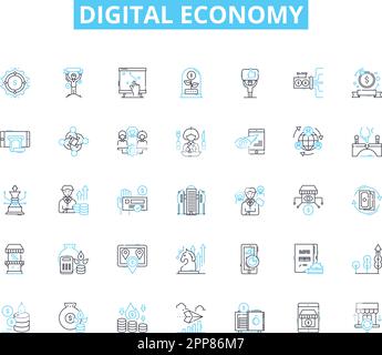 Digital economy linear icons set. E-commerce, Cryptocurrency, Blockchain, Cloud, Gig economy, Startups, Virtual line vector and concept signs. Fintech Stock Vector