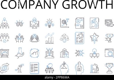 Company growth line icons collection. Business expansion, Corporate development, Organization advancement, Company progress, Enterprise evolution Stock Vector