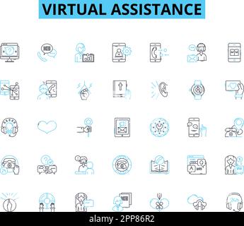 Virtual assistance linear icons set. Automation, Efficiency, Productivity, Support, Solutions, Integration, Communication line vector and concept Stock Vector