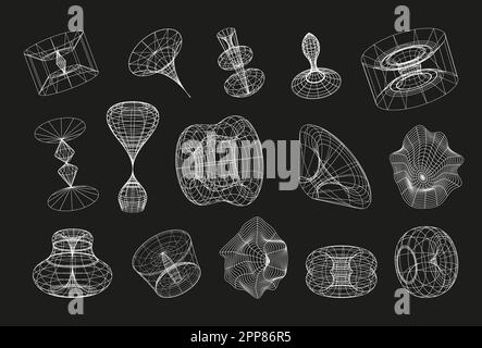 Retrofuturistic, wireframe line elements vector set. Polar grid, portals circle. Abstract geometry, blackhole, bipyramide sign. Stock Vector