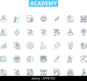 Academy linear icons set. Education, Learning, Schooling, Institution, Classroom, Instruction, Curriculum line vector and concept signs. Training Stock Vector