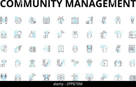 Community management linear icons set. Engage, Empower, Connect, Build, Advocate, Facilitate, Nurture vector symbols and line concept signs Stock Vector