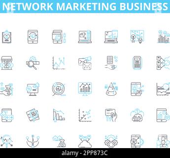 Network marketing business linear icons set. MLM, Downline, Recruiting, Multi-level, Compensation, Teamwork, Leadership line vector and concept signs Stock Vector
