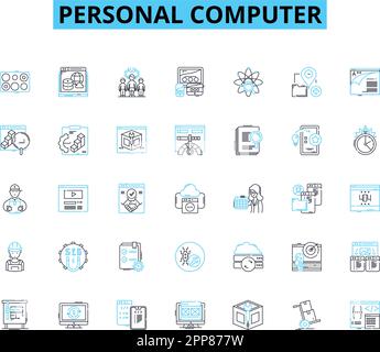 Personal computer linear icons set. Desktop, Laptop, Keyboard, Mouse, Monitor, CPU, GPU line vector and concept signs. RAM,Hard drive,SSD outline Stock Vector