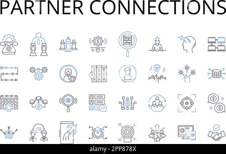 Partner connections line icons collection. Associate relationships, Collaborator nerks, Comrade bonds, Companion ties, Conjoint affiliations Stock Vector