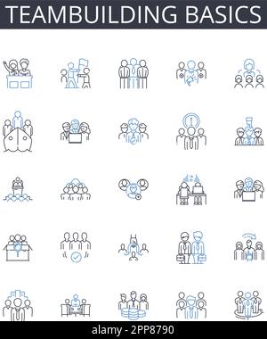 Teambuilding basics line icons collection. Leadership essentials, Communication skills, Conflict resolution, Time management, Project management Stock Vector