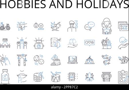 Hobbies and holidays line icons collection. Pastimes, Leisure activities, Pursuits, Interests, Diversions, Recreations, Amusements vector and linear Stock Vector