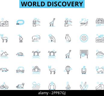 world discovery linear icons set. Exploration, Geology, Biodiversity, Anthropology, Archaeology, History, Ecology line vector and concept signs Stock Vector