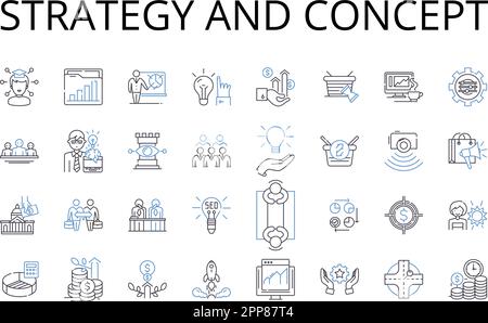 Strategy and concept line icons collection. Plan and scheme, Idea and thought, Approach and method, Objective and goal, Vision and mission, System and Stock Vector