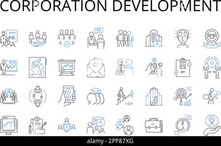 Corporation development line icons collection. Business expansion, Company growth, Entrepreneurship evolution, Enterprise progress, Firm enhancement Stock Vector