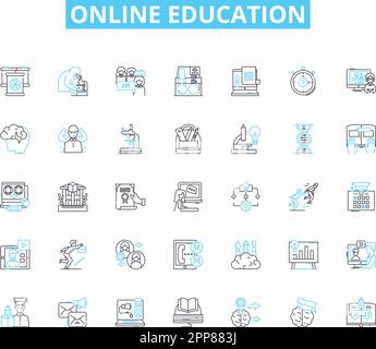 Online Education linear icons set. E-Learning, Virtual, Webinars, MOOC, Distance Learning, Digital, Interactive line vector and concept signs Stock Vector