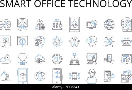 Smart office technology line icons collection. Responsive web design, Advanced algorithms, Digital marketing, Cloud computing, Social media, Wearable Stock Vector