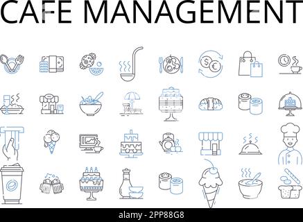 Cafe management line icons collection. Restaurant supervision, Bistro administration, Coffeehouse governance, Eatery direction, Tavern leadership, Bar Stock Vector