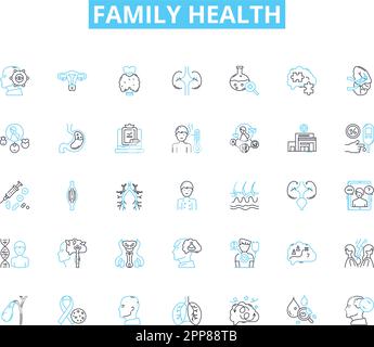 Family health linear icons set. Nutrition, Exercise, Hygiene, Sleep, Vaccines, Prevention, Medicine line vector and concept signs. Checkups,Therapy Stock Vector
