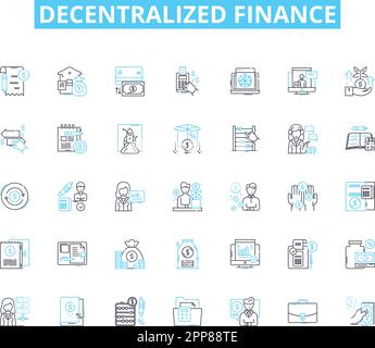 Decentralized finance linear icons set. DeFi, Decentralized, Blockchain, Crypto, Smart contracts, Tokenization, Liquidity line vector and concept Stock Vector