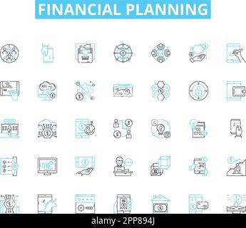 financial planning linear icons set. Budgeting, Investing, Retirement, Savings, Goals, Insurance, Debt line vector and concept signs. Asset,Income Stock Vector