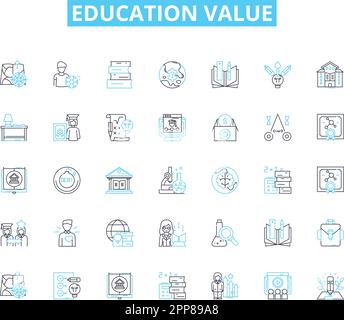 Education value linear icons set. Knowledge, Learning, Skills, Intelligence, Development, Advancement, Progress line vector and concept signs. Growth Stock Vector