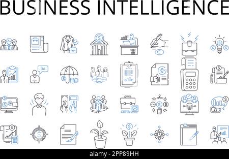 Business Intelligence line icons collection. Market Analysis, Competitive Insights, Data Analytics, Information Management, Knowledge Acquisition Stock Vector
