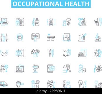 Occupational health linear icons set. Ergonomics, Hazards, Vaccinations, PPE, Wellness, Safety, Compliance line vector and concept signs. Inspection Stock Vector