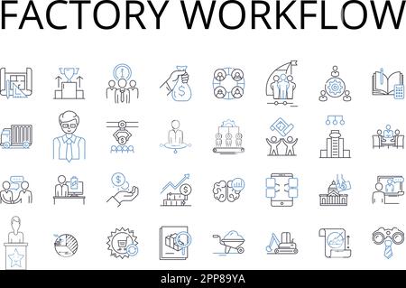 Factory workflow line icons collection. Company procedures, Business structure, Organizational process, Corporate operations, Firm methodology Stock Vector