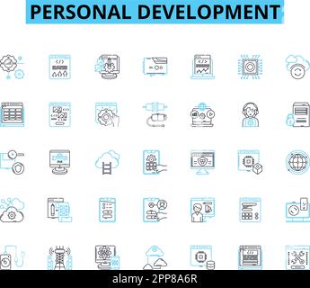 Personal development linear icons set. Growth, Motivation, Self-reflection, Mindset, Discovery, Transformation, Empowerment line vector and concept Stock Vector