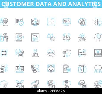 Customer data and analytics linear icons set. Segmentation, Personalization, Profiling, Insights, Targeting, Metrics, Optimization line vector and Stock Vector