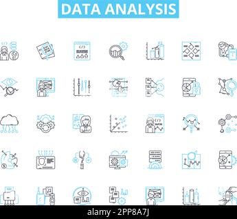 Data analysis linear icons set. Analytics, Big data, Insights, Metrics, Visualization, Dashboards, Statistics line vector and concept signs. Mining Stock Vector