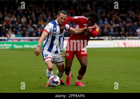 Hartlepool, UK. 22nd April 2023.Jamie Sterry of Hartlepool United in action with Aramide Oteh of Crawley Town during the Sky Bet League 2 match between Hartlepool United and Crawley Town at Victoria Park, Hartlepool on Saturday 22nd April 2023. (Photo: Mark Fletcher | MI News) Credit: MI News & Sport /Alamy Live News Stock Photo