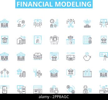Financial modeling linear icons set. Forecasting, Analysis, Valuation, Modeling, Projections, Optimization, Sensitivity line vector and concept signs Stock Vector